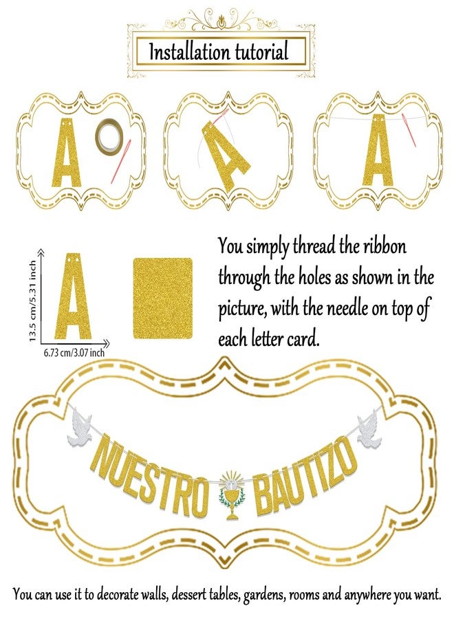 WFKLDF Nuestro Bautizo Banner Baptism Decorations First Holy Communion Banner Decorations Christening Party Decor Supplies Gold - Image 2