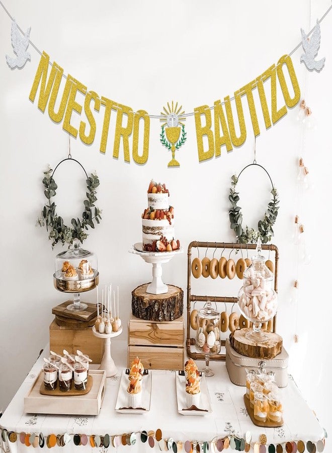 WFKLDF Nuestro Bautizo Banner Baptism Decorations First Holy Communion Banner Decorations Christening Party Decor Supplies Gold - Image 3