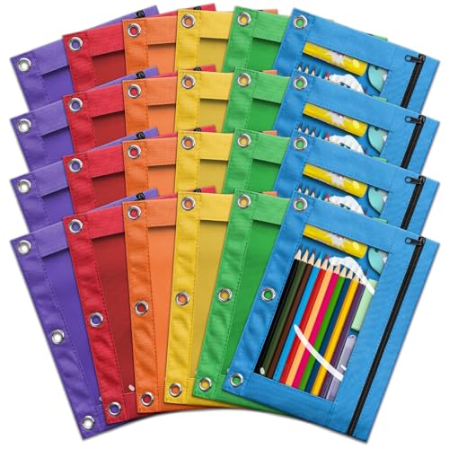 V-Opitos Pencil Pouch for 3 Ring Binder, Bulk 102 Pack 3-Holes Zipper Pencil Pouches in Assorted Colors, Sturdy and Durable Cloth Pencil Holder with Clear Window for Office School College Supplies - Image 1