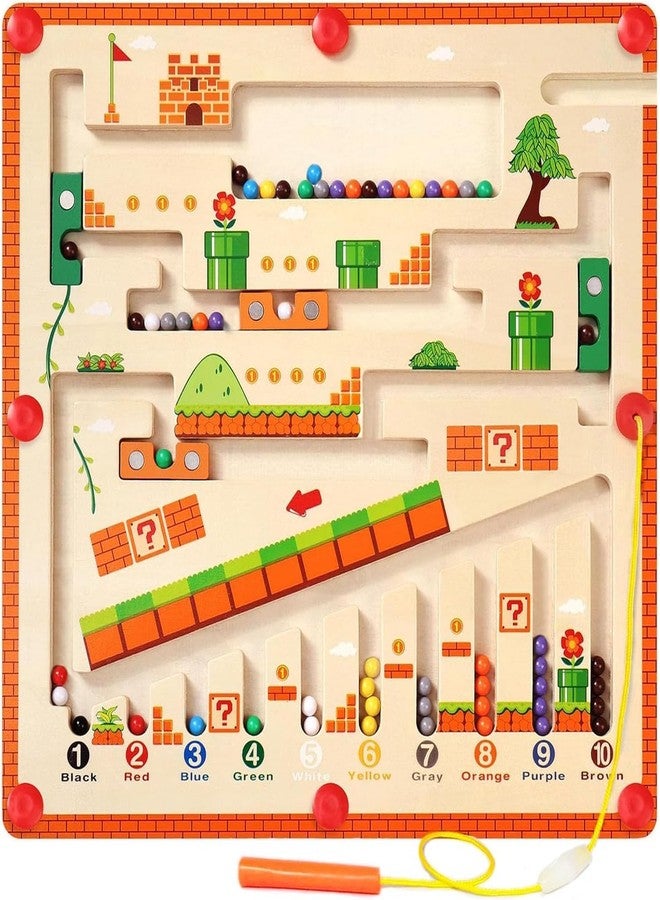 GIZEMY Magnetic Wooden Color & Number Maze Toy for Toddlers - Montessori Counting and Matching Puzzle Board with Magnetic Pen for Kids Ages 2-5 Years (Mushroom, Orange) - Image 1