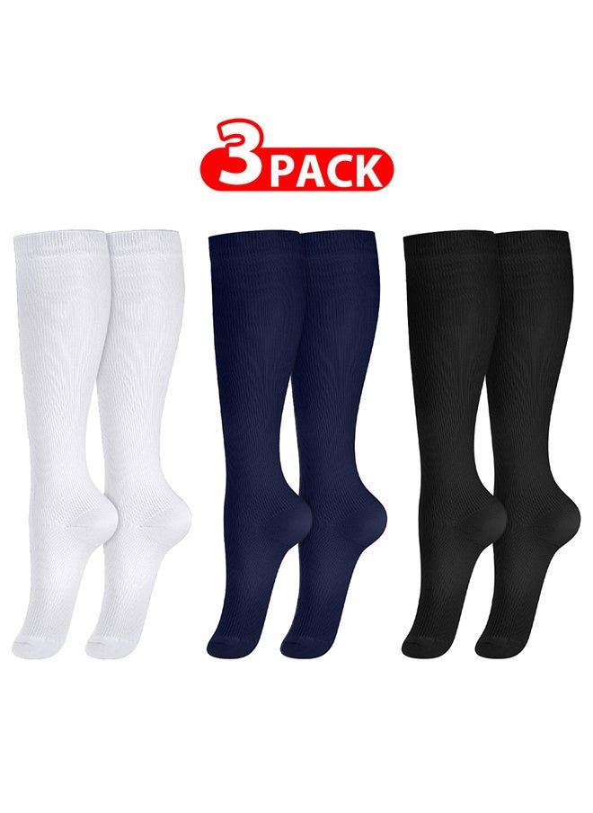 VITION 3 Packs Men and Women's Compression Socks 15-20 mmHg Moderate Pressure Medical Quality Support Best Comfort Fit Moisture Wicking Circulation Travel White/Blue/Black L/XL - Image 1