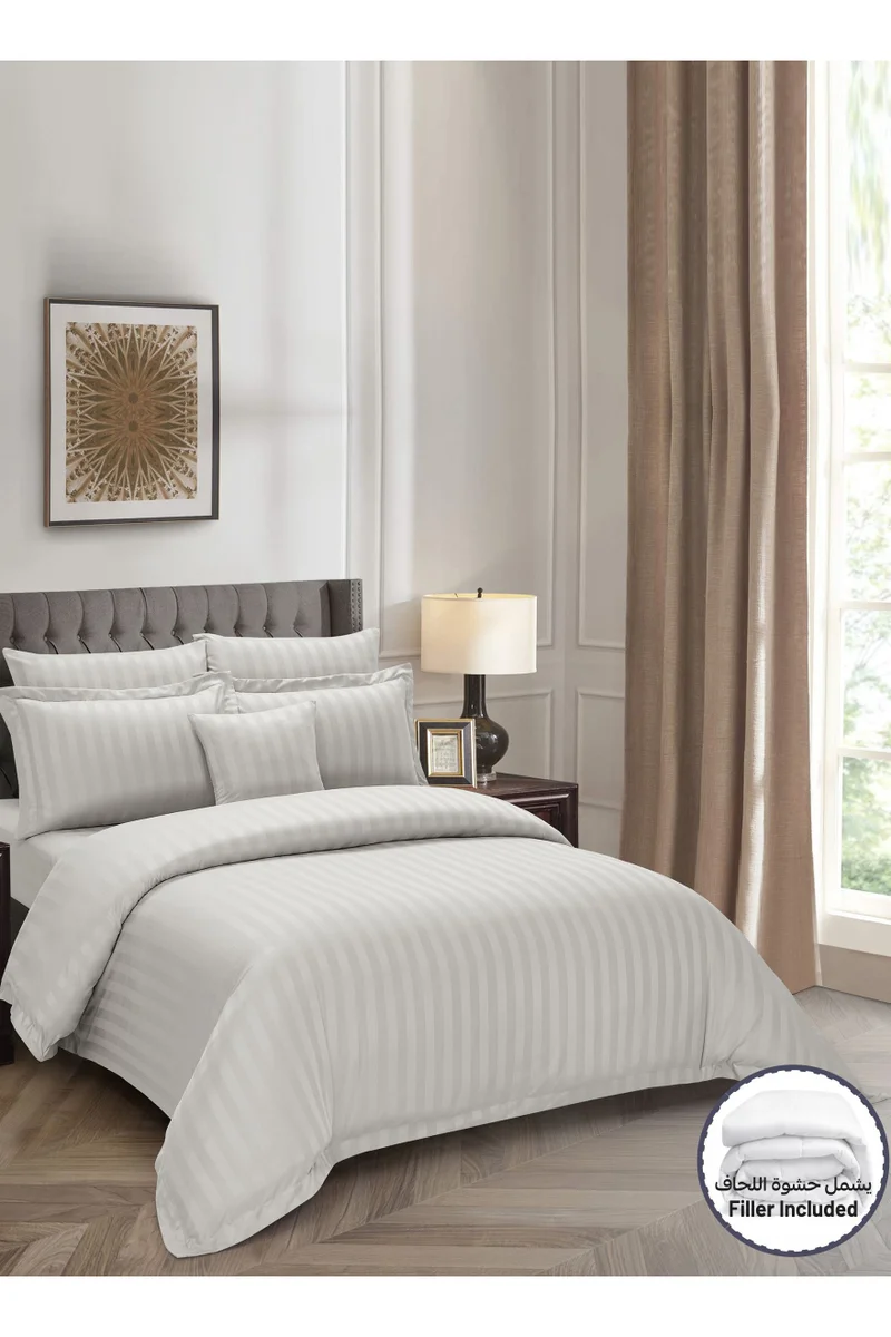 Donetella Striped Comforter Set, King Size (260x240 cm), 8-Piece Hotel Bedding with 350 GSM Filling – Comforter, Comforter Cover, Fitted Sheet, Pillowcases &amp; Cushion Cover