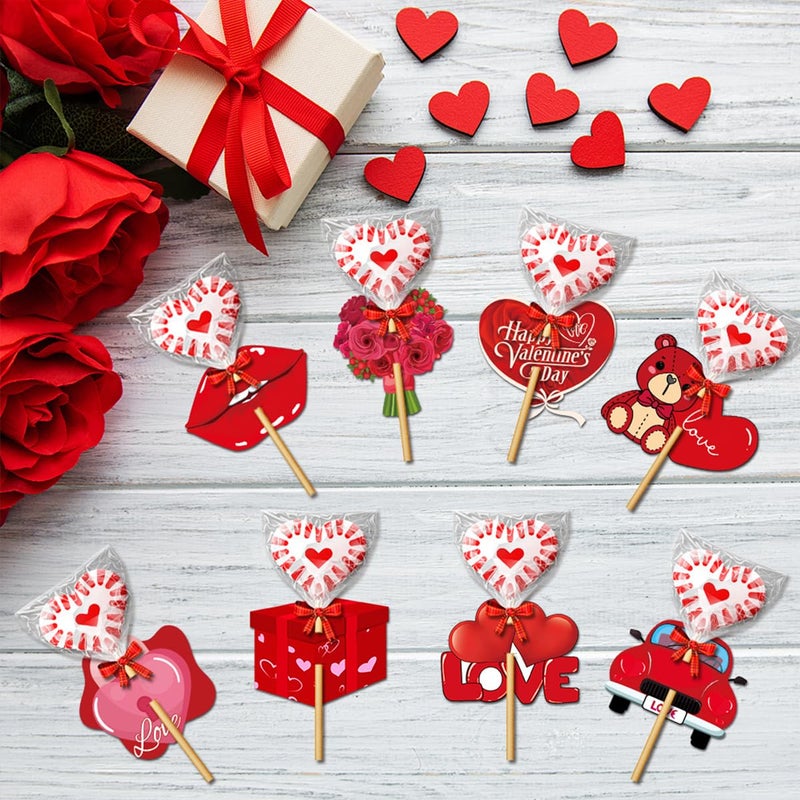 AUOCATTAIL Valentine's Day Lollipop Paper Cards Candy Holder Cards Red Lips Love Heart Bouquet Flowers Car Candy Sugar Card Holder Wrapping Decorations for Valentine's Day Wedding Anniversary Party 16Pcs - Image 3
