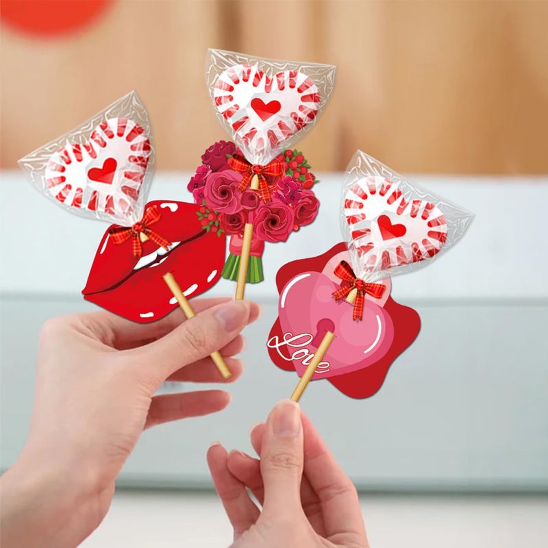 AUOCATTAIL Valentine's Day Lollipop Paper Cards Candy Holder Cards Red Lips Love Heart Bouquet Flowers Car Candy Sugar Card Holder Wrapping Decorations for Valentine's Day Wedding Anniversary Party 16Pcs - Image 4