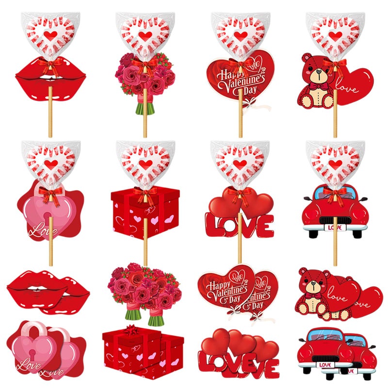 AUOCATTAIL Valentine's Day Lollipop Paper Cards Candy Holder Cards Red Lips Love Heart Bouquet Flowers Car Candy Sugar Card Holder Wrapping Decorations for Valentine's Day Wedding Anniversary Party 16Pcs - Image 1