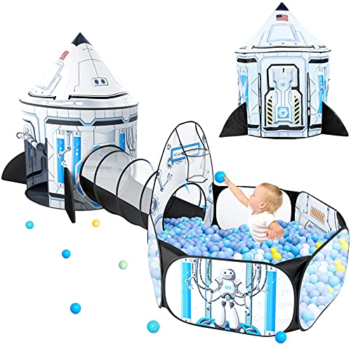 Senodeer Rocket Ship Kids Play Tent 3Pcs Toddlers Pop Up Ball Pit and Play Tunnel for Indoor Outdoor Spaceship Baby Playhouse Toys for 13 Year Old Boys Girls 3 in 1 Kids Tent - Image 1