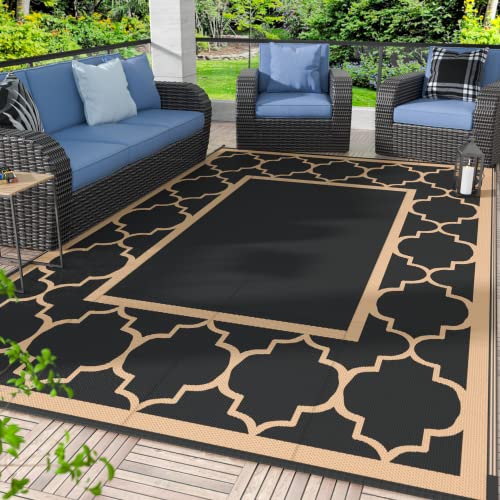 GENIMO 5' x 8' Outdoor Rug Waterproof for Patio Decor, Foldable Reversible Plastic Straw Area Rugs Mat for Camper, Outside Carpet for Rv, Deck, Porch, Picnic, Beach, Balcony, Black & Brown - Image 1