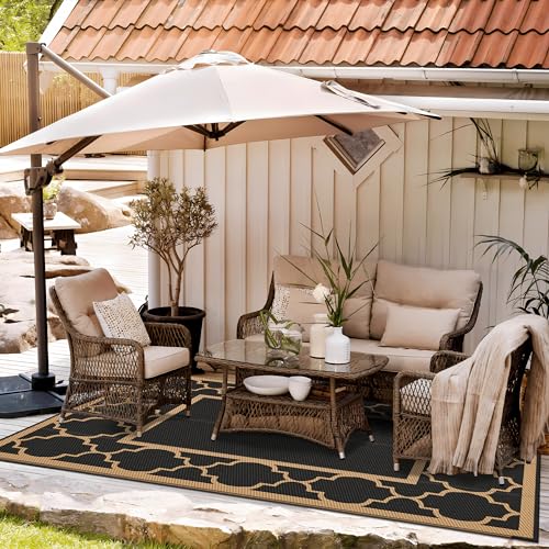 GENIMO 5' x 8' Outdoor Rug Waterproof for Patio Decor, Foldable Reversible Plastic Straw Area Rugs Mat for Camper, Outside Carpet for Rv, Deck, Porch, Picnic, Beach, Balcony, Black & Brown - Image 3