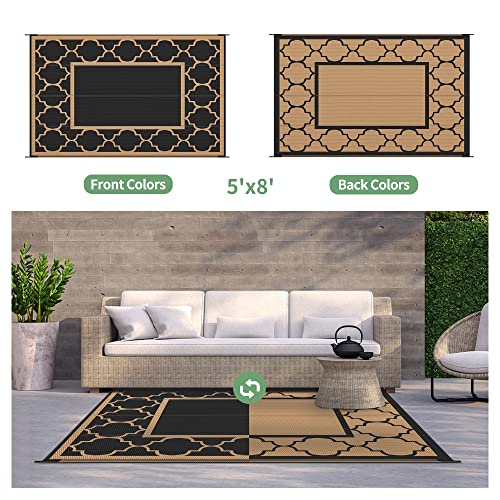 GENIMO 5' x 8' Outdoor Rug Waterproof for Patio Decor, Foldable Reversible Plastic Straw Area Rugs Mat for Camper, Outside Carpet for Rv, Deck, Porch, Picnic, Beach, Balcony, Black & Brown - Image 4