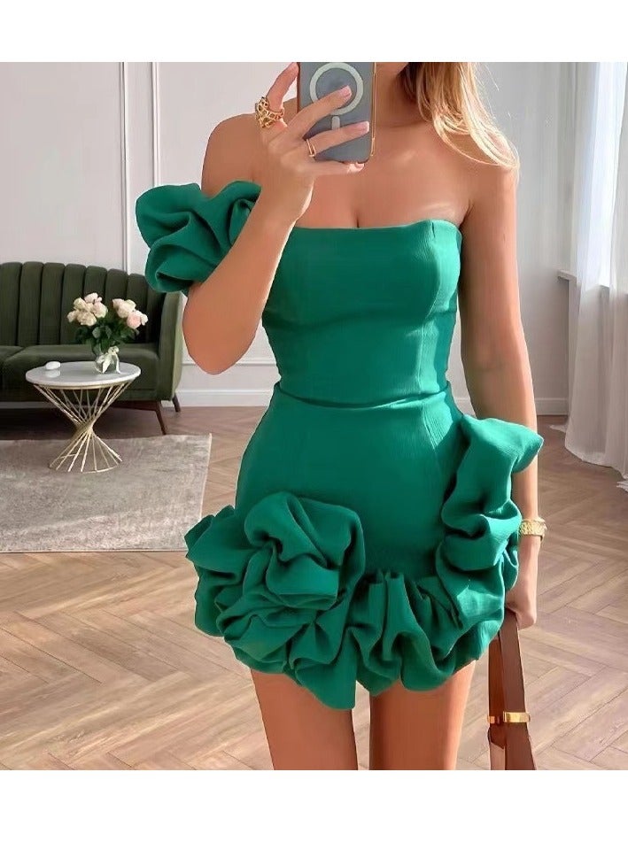 NIBEMINENT Women's Dress Ruffled Flower Bud Hem Cinched Waist Dress One-shoulder Short Skirt - Image 1