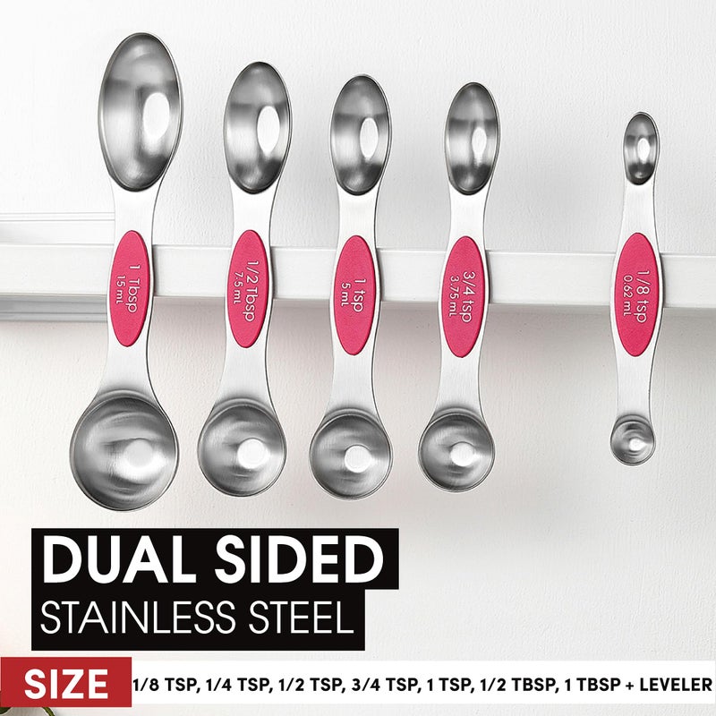 Spring Chef Pink Stainless Steel Magnetic Measuring Spoons Set of 8 with Leveler, Dual Sided Teaspoon & Tablespoon Measuring Set for Dry and Liquid Ingredients, Kitchen Gadgets for Baking & Cooking - Image 3