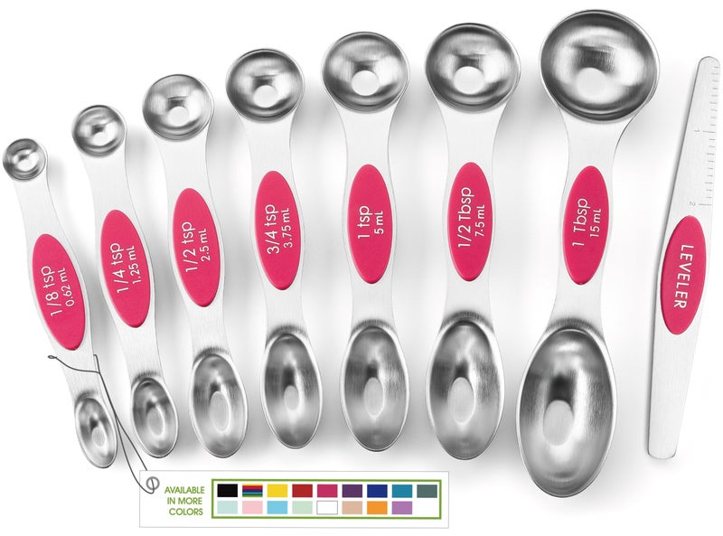 Spring Chef Pink Stainless Steel Magnetic Measuring Spoons Set of 8 with Leveler, Dual Sided Teaspoon & Tablespoon Measuring Set for Dry and Liquid Ingredients, Kitchen Gadgets for Baking & Cooking - Image 1