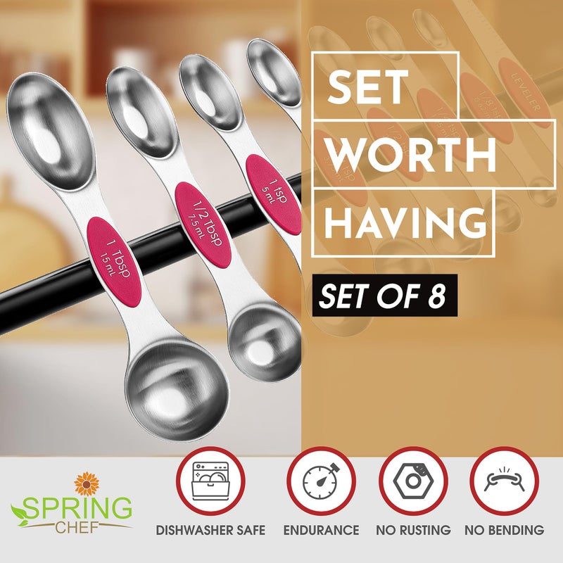 Spring Chef Pink Stainless Steel Magnetic Measuring Spoons Set of 8 with Leveler, Dual Sided Teaspoon & Tablespoon Measuring Set for Dry and Liquid Ingredients, Kitchen Gadgets for Baking & Cooking - Image 2