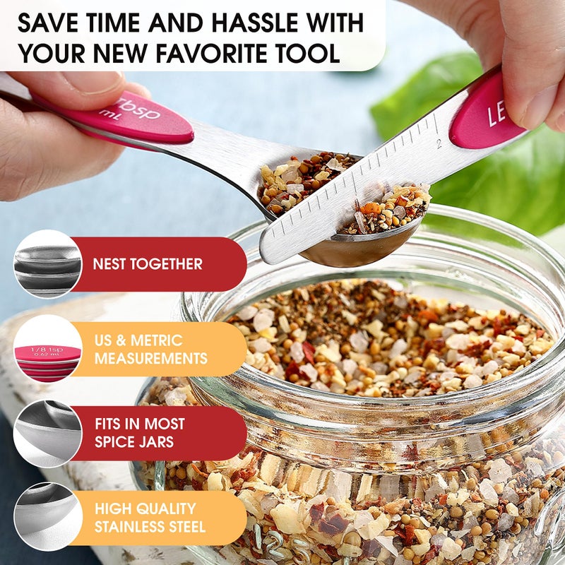 Spring Chef Pink Stainless Steel Magnetic Measuring Spoons Set of 8 with Leveler, Dual Sided Teaspoon & Tablespoon Measuring Set for Dry and Liquid Ingredients, Kitchen Gadgets for Baking & Cooking - Image 5