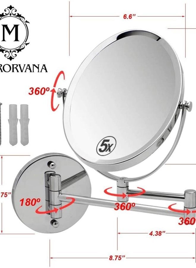 Mirrorvana Wall Mounted Bathroom Makeup & Shaving Mirror, Double Sided 5X & 1X Magnification, 13-Inch Extension Swivel Arm, Oval 6.6" x 8.6" Glass Area, Chrome  - Image 2