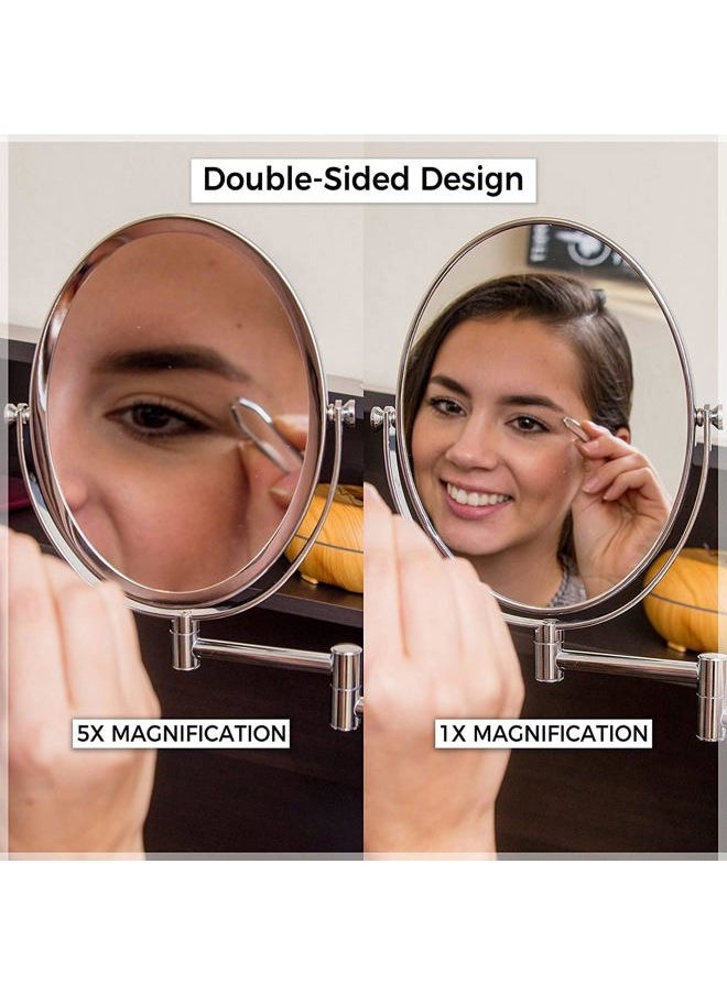 Mirrorvana Wall Mounted Bathroom Makeup & Shaving Mirror, Double Sided 5X & 1X Magnification, 13-Inch Extension Swivel Arm, Oval 6.6" x 8.6" Glass Area, Chrome  - Image 4