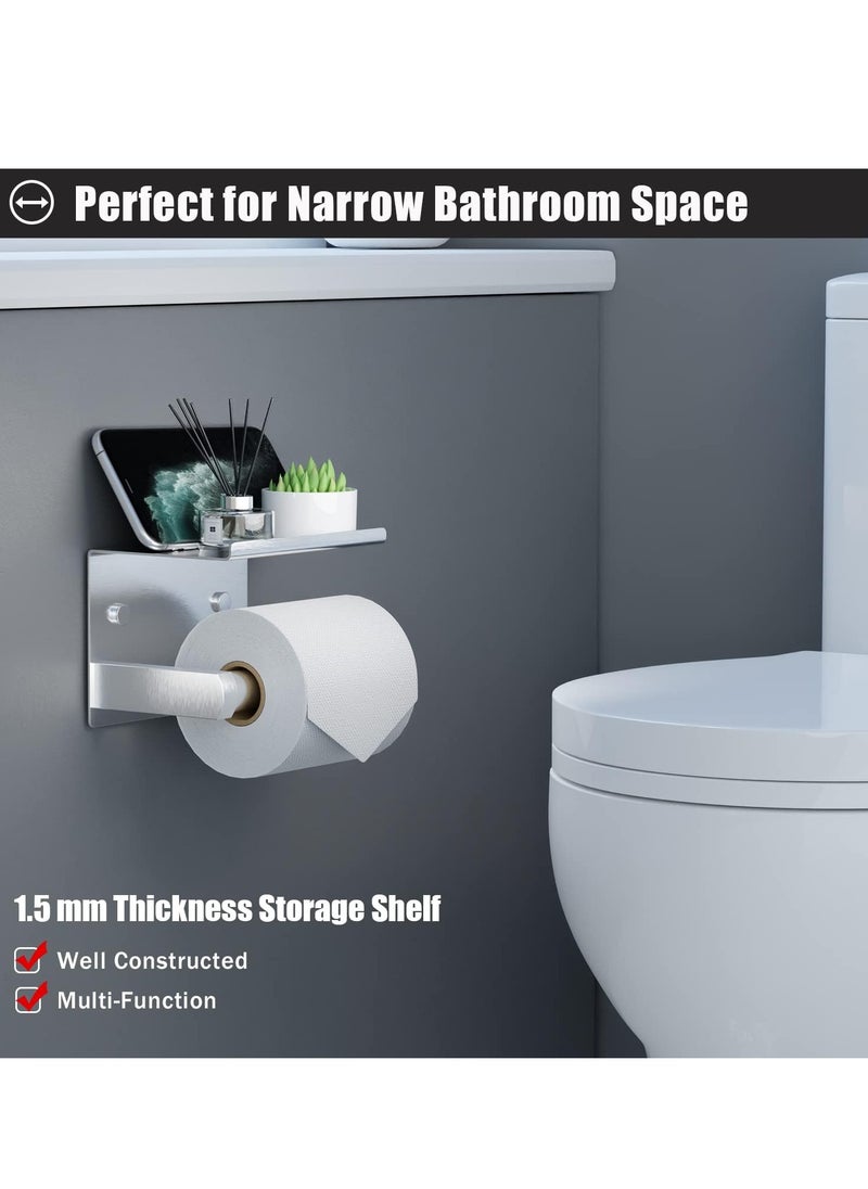 MIXDE - Toilet Paper Holder with Phone Shelf + Towel Robe Hooks, Adhesive or Screw Wall Mounted Toilet Paper Roll Storage, Stainless Steel Bathroom Tissue Roll Holder - Image 1