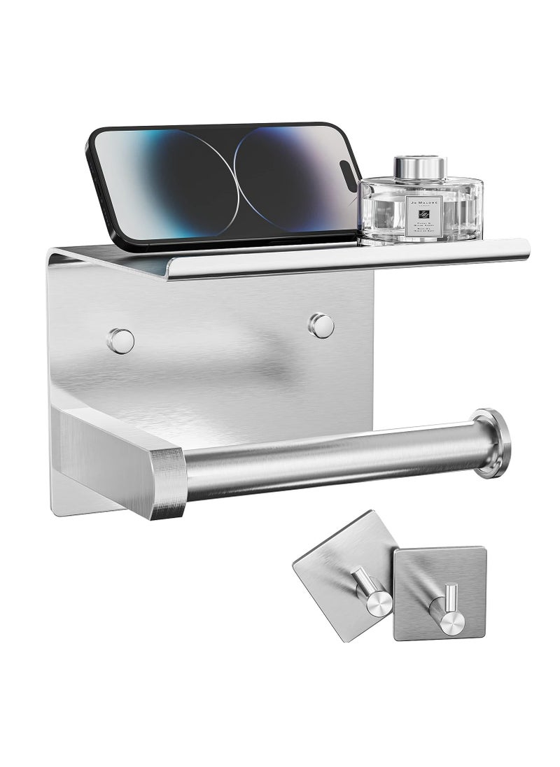 MIXDE - Toilet Paper Holder with Phone Shelf + Towel Robe Hooks, Adhesive or Screw Wall Mounted Toilet Paper Roll Storage, Stainless Steel Bathroom Tissue Roll Holder - Image 1