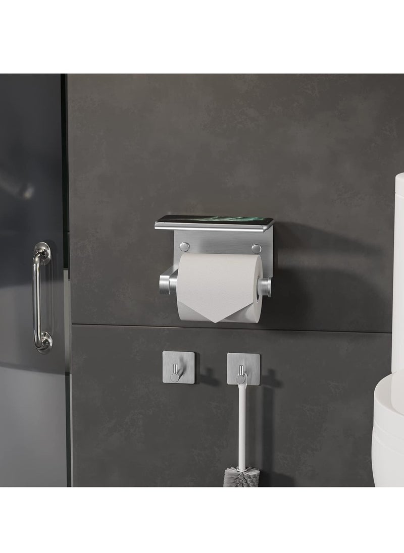 MIXDE - Toilet Paper Holder with Phone Shelf + Towel Robe Hooks, Adhesive or Screw Wall Mounted Toilet Paper Roll Storage, Stainless Steel Bathroom Tissue Roll Holder - Image 1