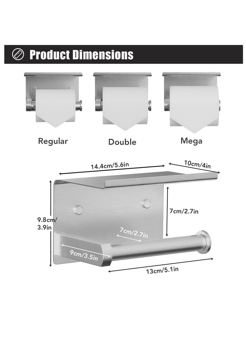 MIXDE - Toilet Paper Holder with Phone Shelf + Towel Robe Hooks, Adhesive or Screw Wall Mounted Toilet Paper Roll Storage, Stainless Steel Bathroom Tissue Roll Holder - Image 1
