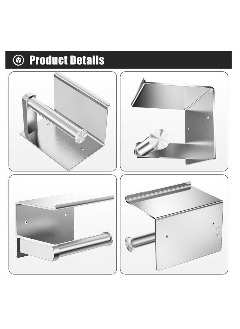 MIXDE - Toilet Paper Holder with Phone Shelf + Towel Robe Hooks, Adhesive or Screw Wall Mounted Toilet Paper Roll Storage, Stainless Steel Bathroom Tissue Roll Holder - Image 1