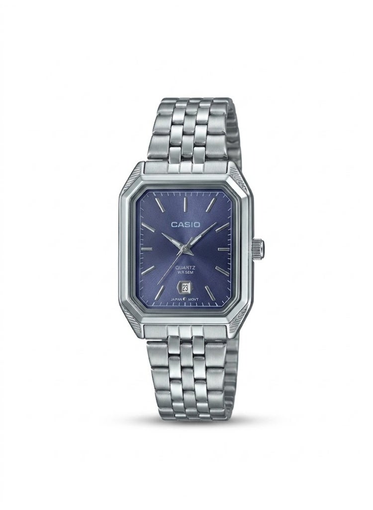 Casio Men's Stainless Steel Rectangular Dress Watch with Blue Dial and Date Display