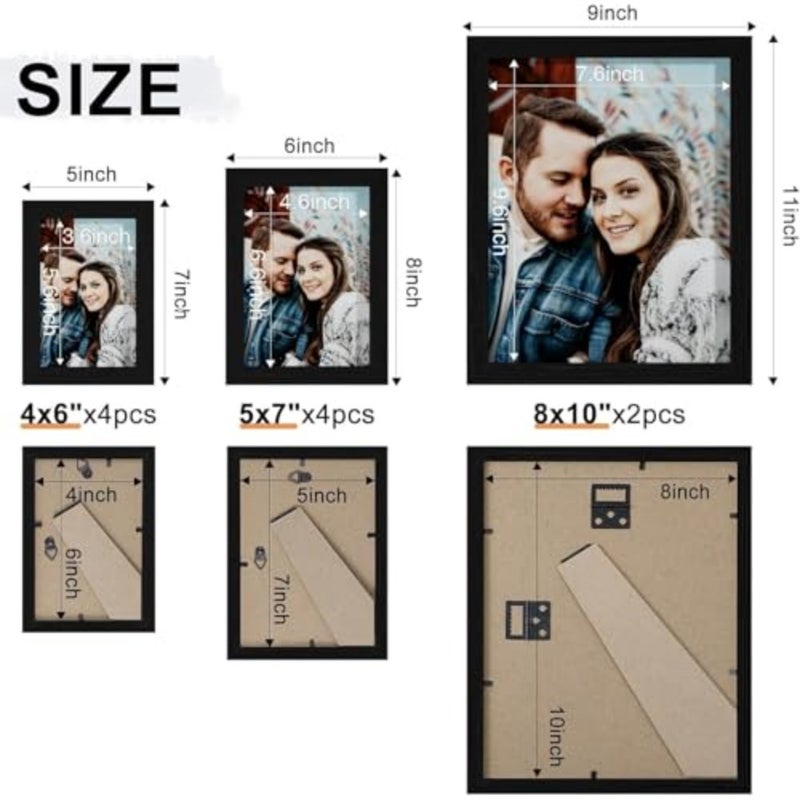 10 Pack Picture Frames Collage Wall Decor, Gallery Wall Frame Set for Wall or Tabletop Display, Multi Sizes with Two 8x10, Four 5x7, and Four 4x6 Photo Frames, Black - Image 2