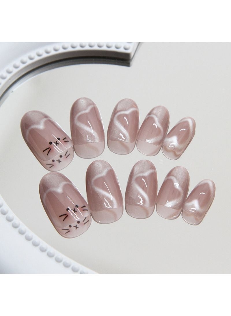Cute Cat Eye False Nails 24Pcs Heart Mid-Length Oval Fake Nails