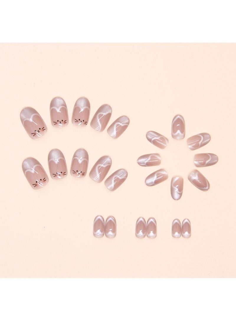 Cute Cat Eye False Nails 24Pcs Heart Mid-Length Oval Fake Nails
