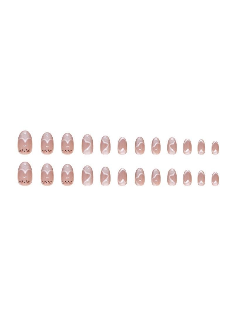 Cute Cat Eye False Nails 24Pcs Heart Mid-Length Oval Fake Nails