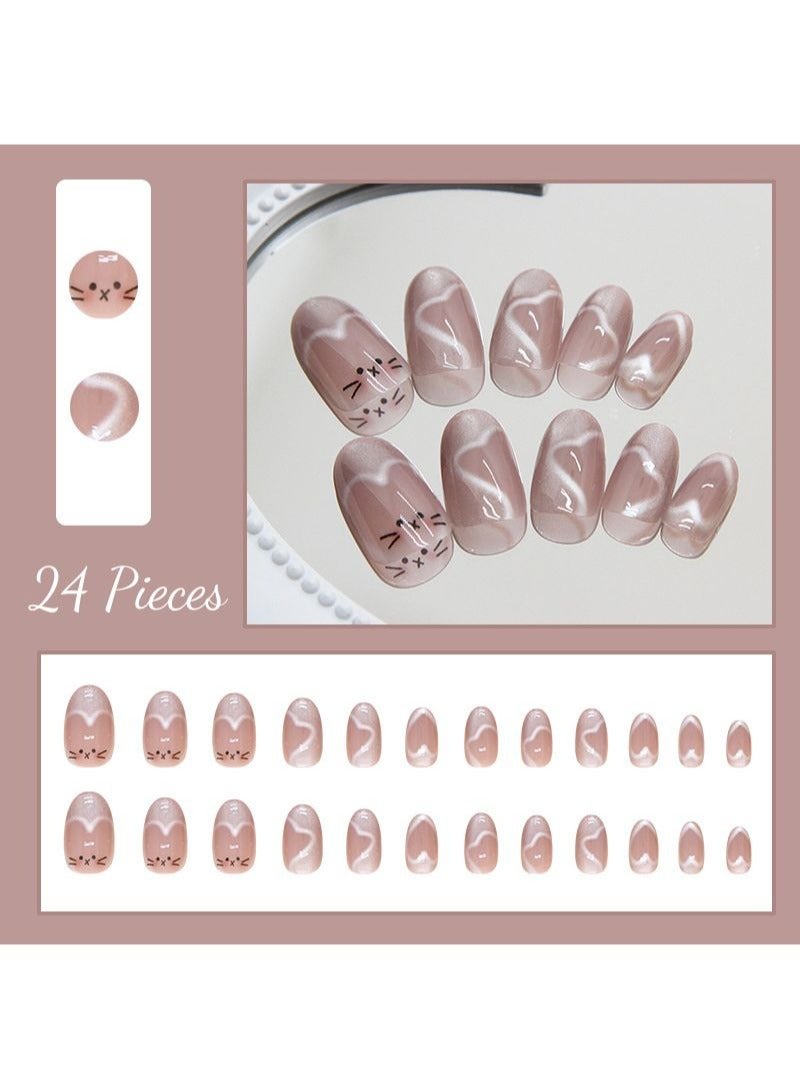 Cute Cat Eye False Nails 24Pcs Heart Mid-Length Oval Fake Nails