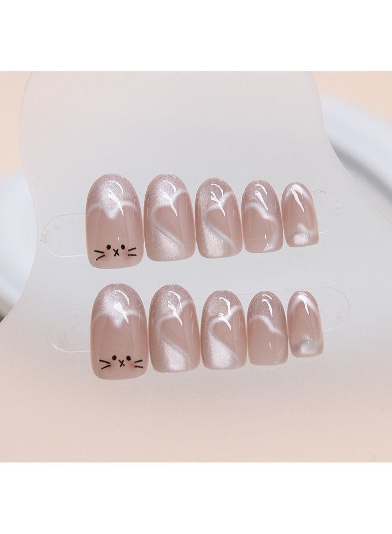 Cute Cat Eye False Nails 24Pcs Heart Mid-Length Oval Fake Nails
