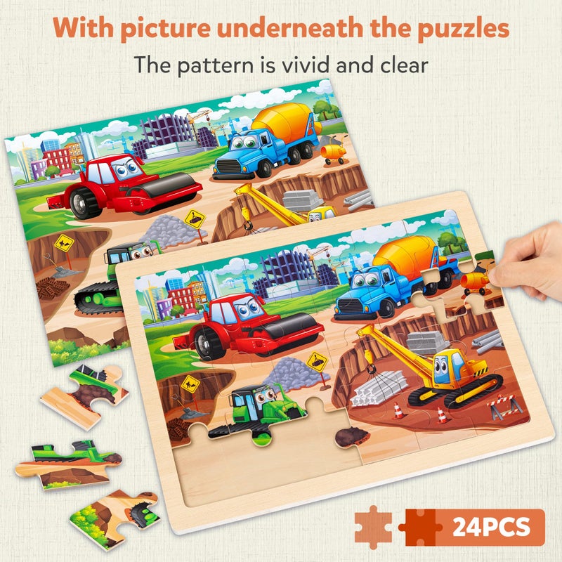 SYNARRY Large Wooden Construction Vehicle Puzzles for Toddlers 3-5, 24 Piece Monster Truck Puzzles for Kids Ages 4-6, Construction Toys for 3 4 Year Old, Kids Toys Gifts for 3 4 5 Year Old Boys Girls - Image 3