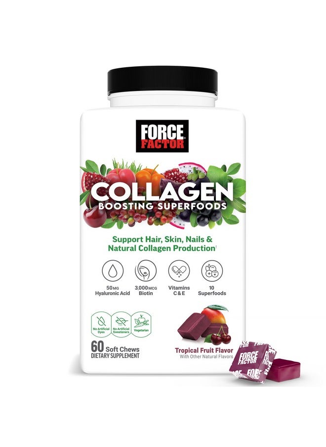 Force Factor Force Factor Collagen Boosting Superfoods, Vegan Collagen Booster for Women, with Biotin, Hyaluronic Acid, and Vitamin C, for Hair, Skin, Nails, & Joint Support, Tropical Fruit, 60 Soft Chews  - Image 1