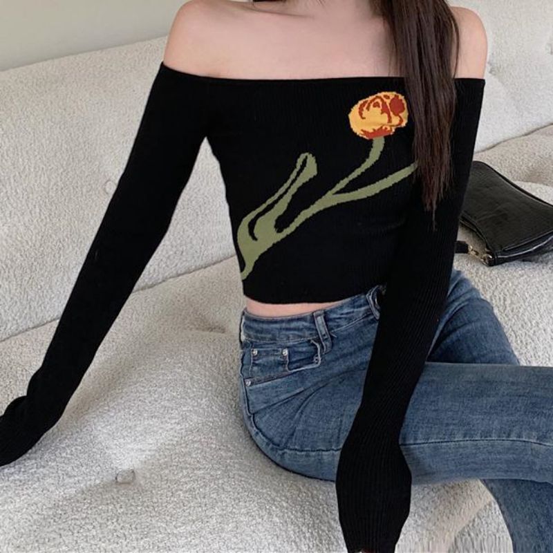 2024 Autumn and Winter Womens Wear Spice Girls Big Round Neck off-shoulder Knitted Sweater Flower Slim-fit Knitted Long-sleeved Top Womens Wear White YY98116/B146  - Image 4
