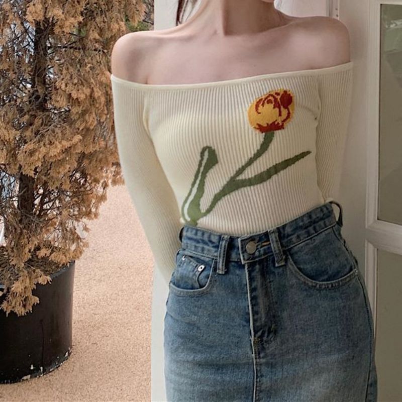 2024 Autumn and Winter Womens Wear Spice Girls Big Round Neck off-shoulder Knitted Sweater Flower Slim-fit Knitted Long-sleeved Top Womens Wear White YY98116/B146  - Image 5
