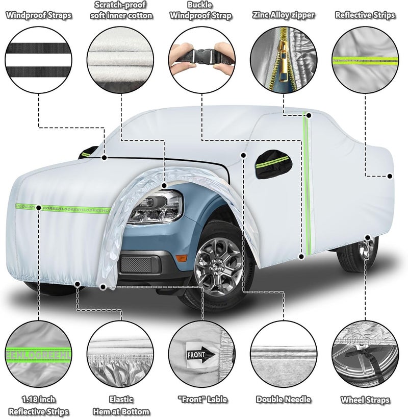 HLOGREE Truck Car Cover Custom Fit for 2021-2023 Ford Maverick,Waterproof Full Exterior Bed Pickup Cover Sun Rain Snow Protection with Zipper/Cotton for Ford Maverick XL/XLT/Lariat【210T Taffeta】- Silver Cleaner resistant - Image 4
