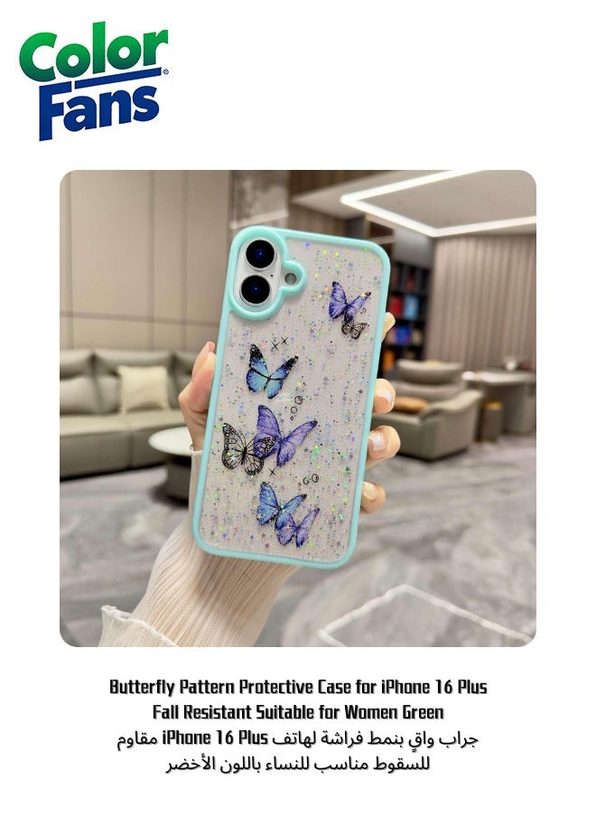 Color Fans Butterfly Pattern Protective Case for iPhone 16 Plus Fall Resistant Suitable for Women Green 