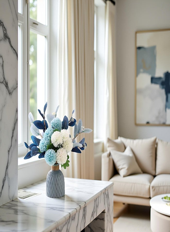 LADADA Blue Artificial Flower Bouquet in Ceramic Vase, White and Blue Ball Chrysanthemum with Eucalyptus, Minimalist Desk Decor for Office Home Centerpiece - Image 5