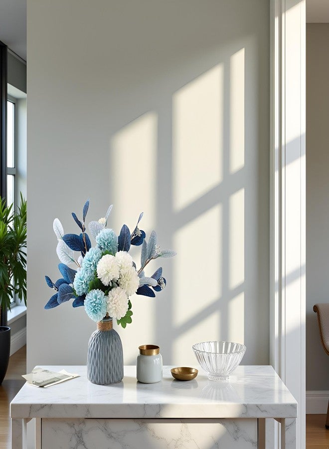 LADADA Blue Artificial Flower Bouquet in Ceramic Vase, White and Blue Ball Chrysanthemum with Eucalyptus, Minimalist Desk Decor for Office Home Centerpiece - Image 2