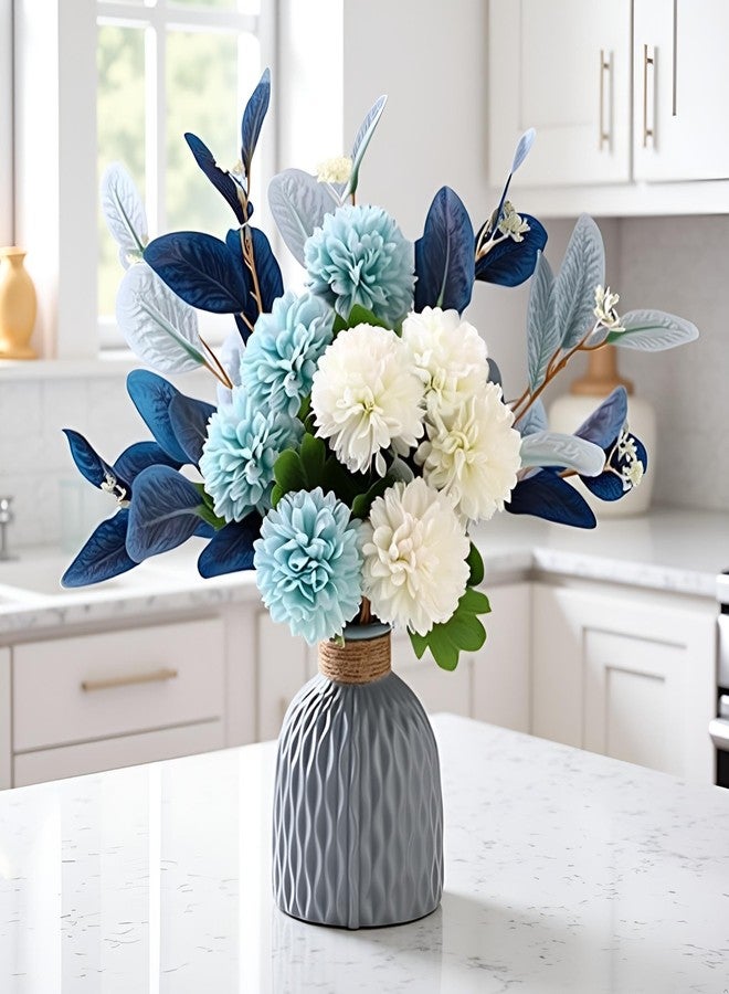 LADADA Blue Artificial Flower Bouquet in Ceramic Vase, White and Blue Ball Chrysanthemum with Eucalyptus, Minimalist Desk Decor for Office Home Centerpiece - Image 4