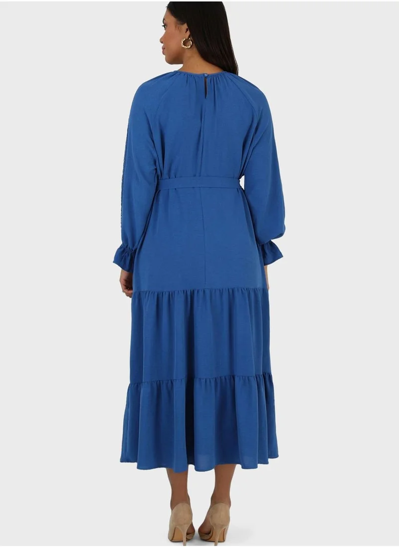 Alia by modanisa Puff Sleeve Belted Tiered Dress