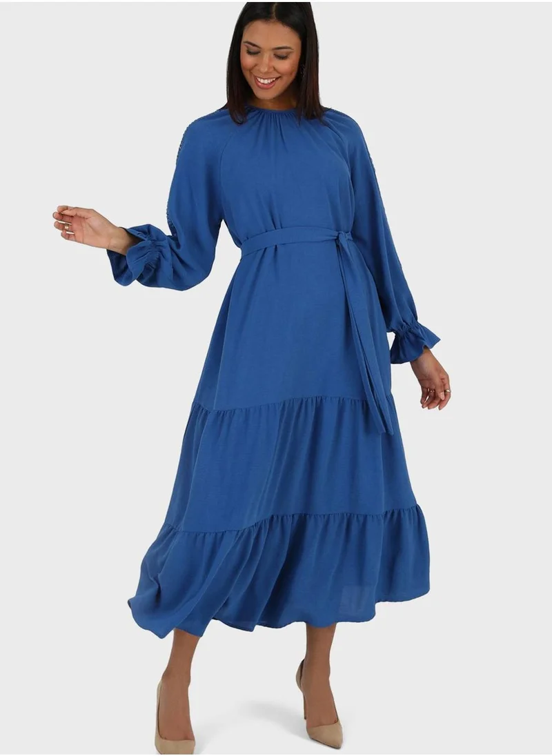 Alia by modanisa Puff Sleeve Belted Tiered Dress