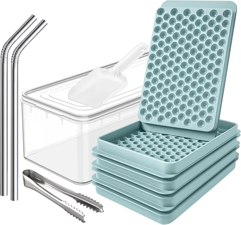 Cozy Kitchen Essentials 4x104 pcs Pebble Ice Cube Tray with Lid and Bin - 0.55in Small Round Mold with Box, Scoop, Tongs, 2x SS Straws - Mini Crushed Nugget Ice Maker for Freezer, Drinks, Cocktail - Image 1