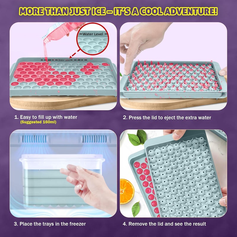 Cozy Kitchen Essentials 4x104 pcs Pebble Ice Cube Tray with Lid and Bin - 0.55in Small Round Mold with Box, Scoop, Tongs, 2x SS Straws - Mini Crushed Nugget Ice Maker for Freezer, Drinks, Cocktail - Image 3