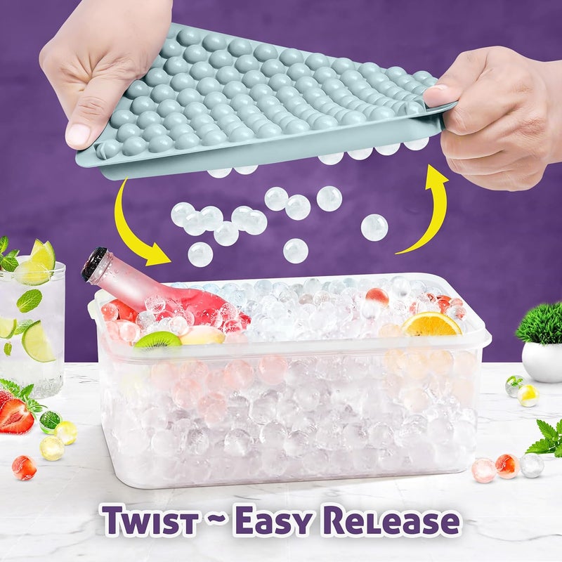 Cozy Kitchen Essentials 4x104 pcs Pebble Ice Cube Tray with Lid and Bin - 0.55in Small Round Mold with Box, Scoop, Tongs, 2x SS Straws - Mini Crushed Nugget Ice Maker for Freezer, Drinks, Cocktail - Image 5