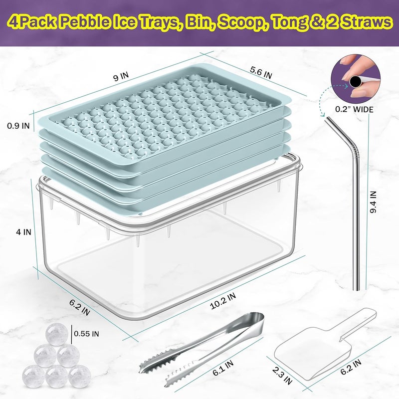 Cozy Kitchen Essentials 4x104 pcs Pebble Ice Cube Tray with Lid and Bin - 0.55in Small Round Mold with Box, Scoop, Tongs, 2x SS Straws - Mini Crushed Nugget Ice Maker for Freezer, Drinks, Cocktail - Image 4