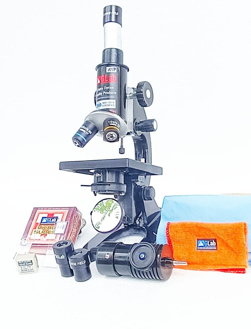 GLAB India Student Microscope L W with 2 Prepared Slide 50 Blank Slide, LED LAMP, DUST Cover DUST COTH, and Cover Slips. - Image 1