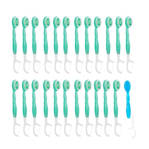 JOUGE Mini Disposable Toothbrushes with Toothpaste 5 in 1 Portable Individually Wrapped Travel Toothbrush with Toothpaste + Tongue Scraper + Picks+Floss Travel Case (Green Plum Tea, 10) - Image 1
