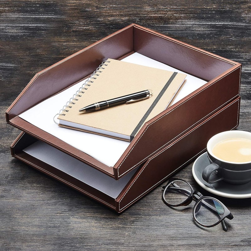 Vanquish Rectangular PU Leather A4 Paper Tray Perfect For Office Organization Premium File Document Tray - Desk Letter Organizer Holder (Brown) - Image 4